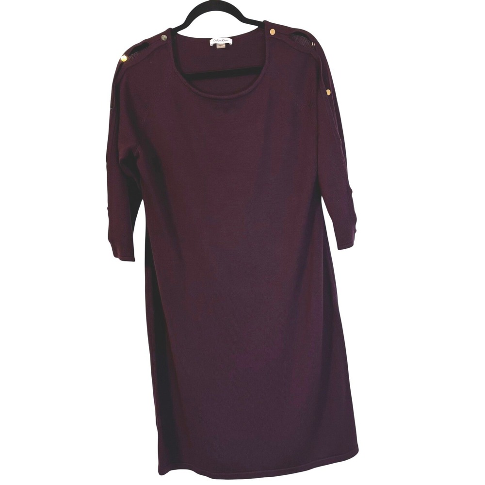 Calvin Klein Womens Plum Purple Button‎ Cold Shoulder Shoulder Sweater Dress L